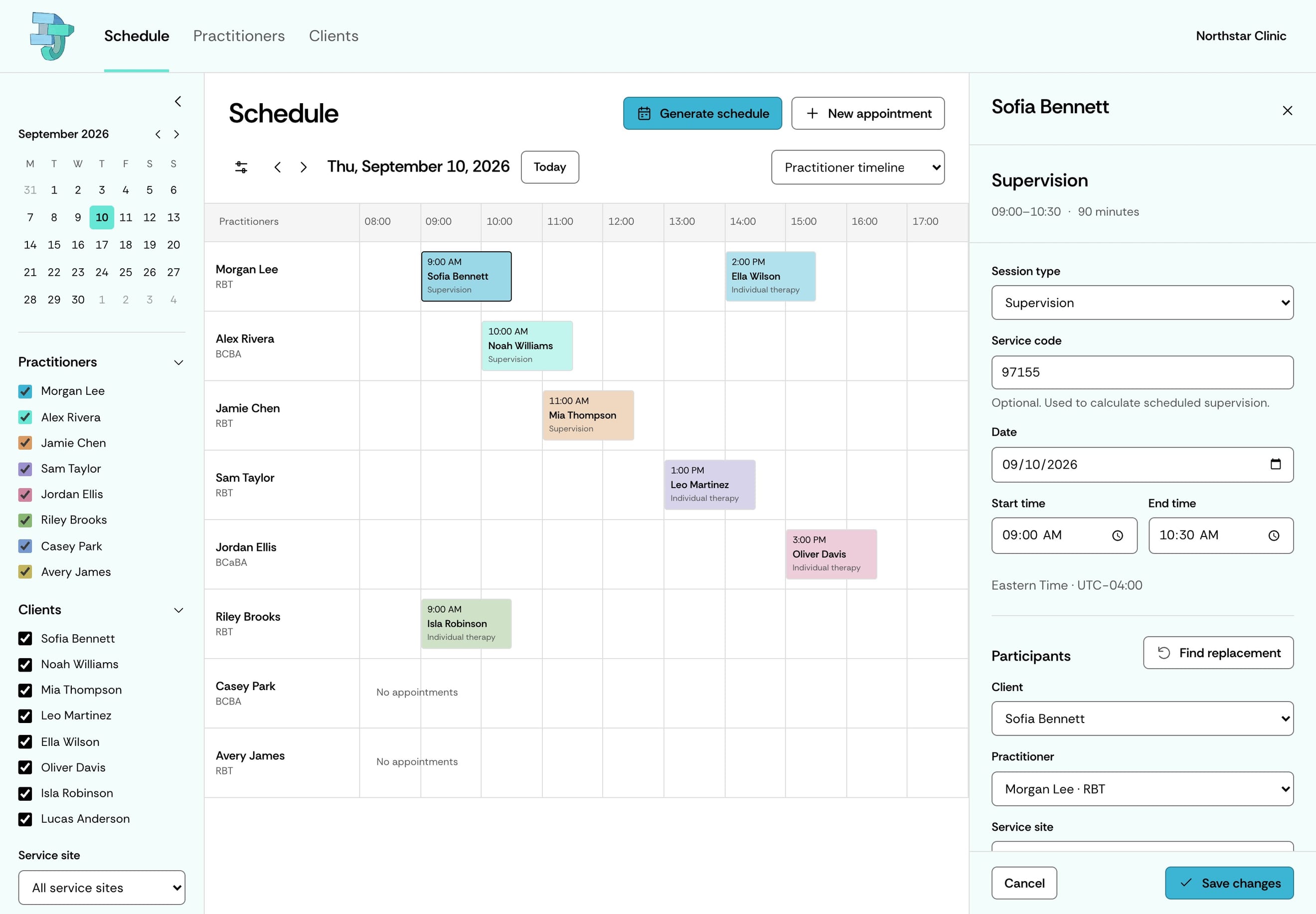 Djumble practitioner timeline with Generate schedule and an appointment’s Find replacement control.